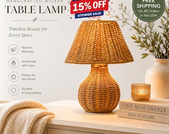 Handcrafted Rattan Table Lamp | Boho Wicker Night Light, Dimmable Bedside Accent Lamp