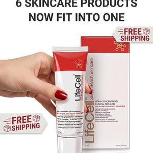 May include: A white and red tube and box of LifeCell South Beach Skincare all-in-one anti-aging treatment. The packaging features black text listing benefits like wrinkle reduction and hydration, with a net weight of 2.3 fl oz on the box.