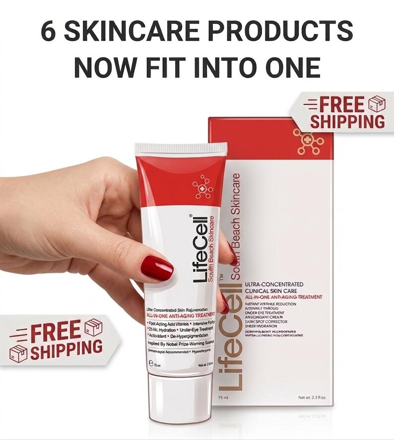 May include: A white and red tube and box of LifeCell South Beach Skincare all-in-one anti-aging treatment. The packaging features black text listing benefits like wrinkle reduction and hydration, with a net weight of 2.3 fl oz on the box.