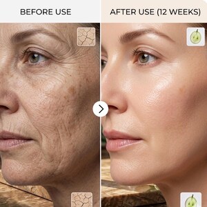 May include: A split-screen comparison showing a face before and after 12 weeks of use. The left side labeled BEFORE USE shows skin with deep wrinkles and texture. The right side labeled AFTER USE (12 WEEKS) shows smoother, hydrated skin.
