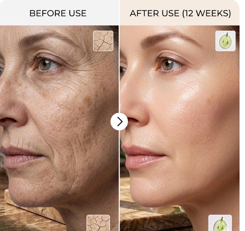 May include: A split-screen comparison showing a face before and after 12 weeks of use. The left side labeled BEFORE USE shows skin with deep wrinkles and texture. The right side labeled AFTER USE (12 WEEKS) shows smoother, hydrated skin.