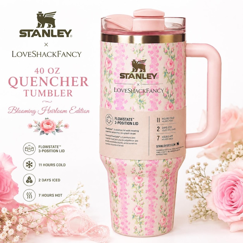 Stanley x LoveShackFancy 40oz Quencher Tumbler Blooming Heirloom Edition | Floral Insulated Travel Cup | Limited Edition Stainless Steel Mug zdjęcie 1