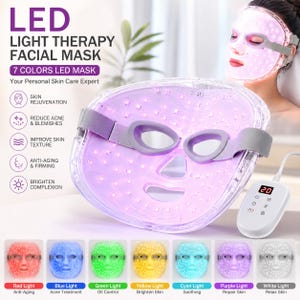 May include: LED light therapy facial mask with 7 colors. The mask is purple with a gray strap and eye openings. The mask has a control panel with a digital display. The mask is designed for skin rejuvenation, reducing acne, improving skin texture, anti-aging, and brightening complexion.