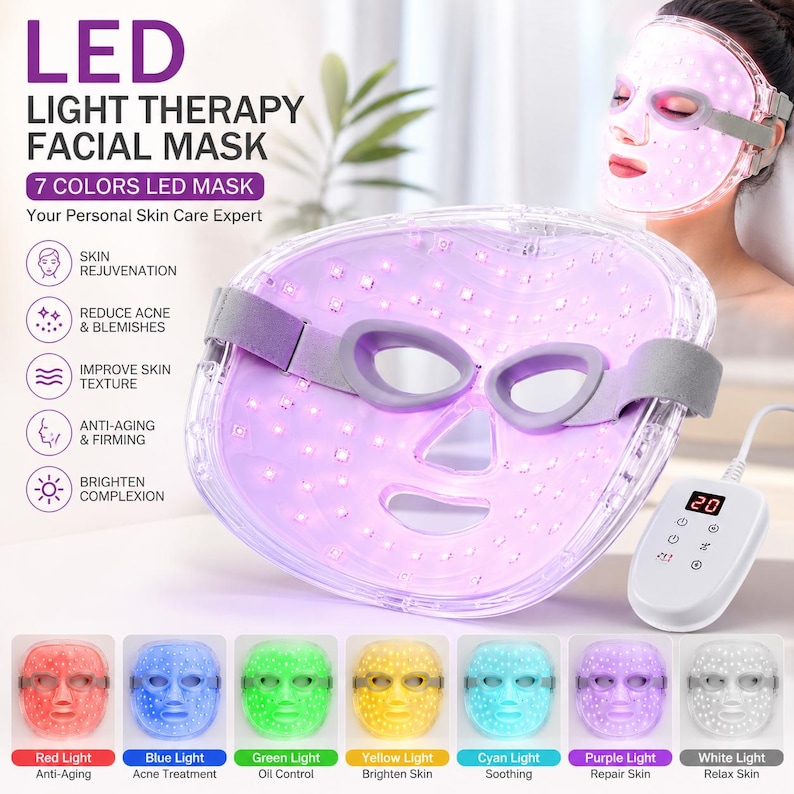 May include: LED light therapy facial mask with 7 colors. The mask is purple with a gray strap and eye openings. The mask has a control panel with a digital display. The mask is designed for skin rejuvenation, reducing acne, improving skin texture, anti-aging, and brightening complexion.