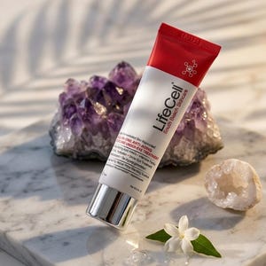 May include: A white and red squeeze tube of LifeCell South Beach Skincare All-In-One Anti-Aging Volume Under-Eye Treatment. The tube features black text, a silver cap, and a net weight of 0.5 fl oz. It is positioned near a purple amethyst cluster.
