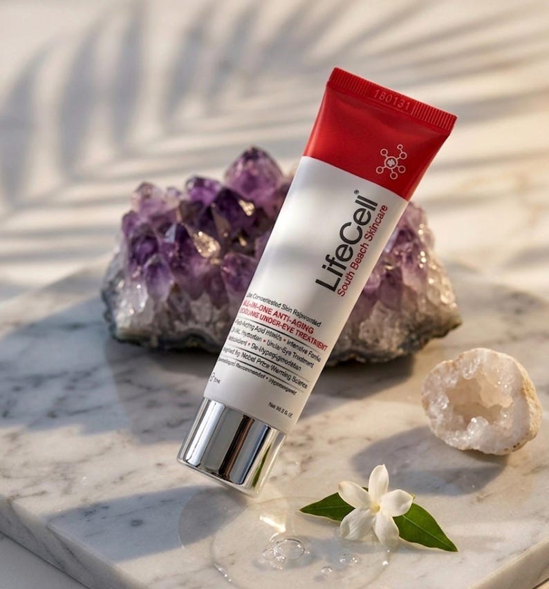 May include: A white and red squeeze tube of LifeCell South Beach Skincare All-In-One Anti-Aging Volume Under-Eye Treatment. The tube features black text, a silver cap, and a net weight of 0.5 fl oz. It is positioned near a purple amethyst cluster.