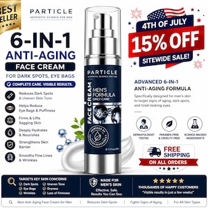 May include: A cylindrical bottle of Particle 6-in-1 anti-aging face cream with a clear cap and pump dispenser. The dark blue label features white text including 'Men's Formula' and '1.7 fl oz/50ml'. The bottle is surrounded by promotional text.