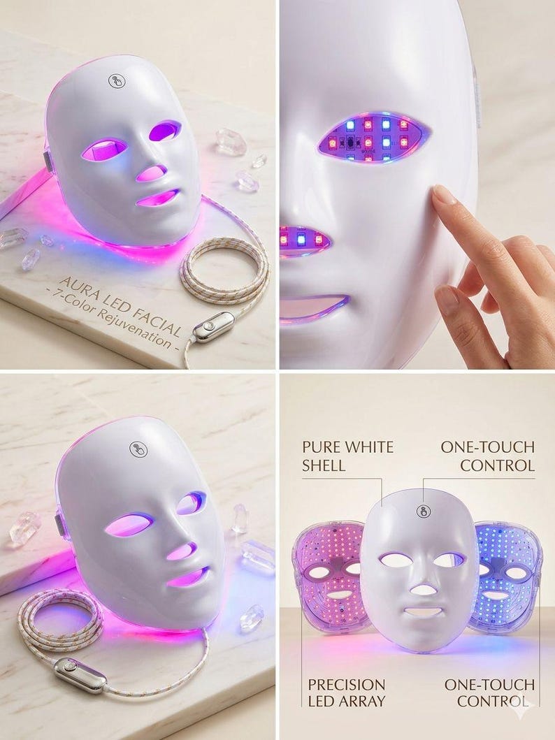 May include: A white LED facial mask with a sleek design. The mask features openings for the eyes, nose, and mouth, and is illuminated with colorful LED lights. The text "AURA LED FACIAL - 7-Color Rejuvenation -" is visible. The mask has a cord with a control.