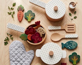 Wooden Pretend Play Kitchen Set for Kids | 19 Piece Cooking Toy Set | Montessori Toddler Kitchen Accessories | Wooden Pots & Pans Playset |