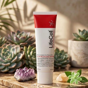 May include: A white and red squeeze tube of LifeCell South Beach Skincare all-in-one anti-aging treatment. The tube features black text detailing benefits like fast-acting anti-wrinkle, intensive firming, and 24-hour hydration, with a 75 ml volume.