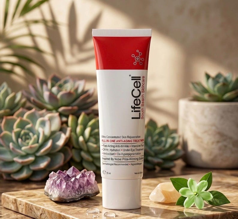 May include: A white and red squeeze tube of LifeCell South Beach Skincare all-in-one anti-aging treatment. The tube features black text detailing benefits like fast-acting anti-wrinkle, intensive firming, and 24-hour hydration, with a 75 ml volume.