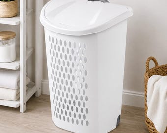Modern Rolling Laundry Hamper with Lid, Large Ventilated Clothes Basket, White Home Organizer