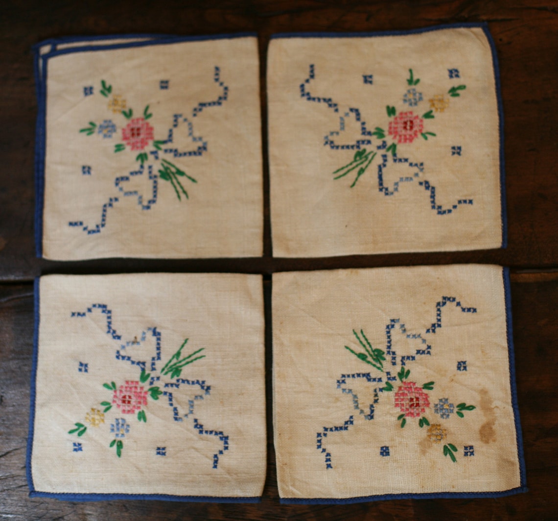 Lot 12 Serviettes De Table Brodées Main - Dentelle Renaissance Sur Lin, Blanc