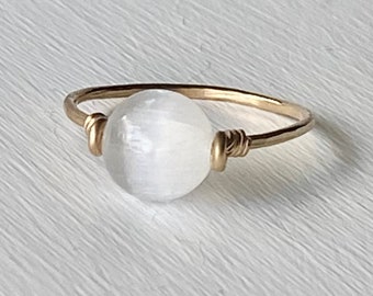 Gemstone Ring - Birthstone Ring - Selenite Hammered Gold Filled Ring - Gold Ring - Stacking Ring