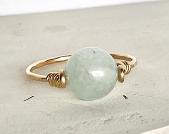 Gemstone Ring - Birthstone Ring - Aquamarine Hammered Gold Filled Ring - Gold Ring - Stacking Ring