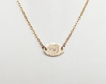 Gold Filled Oval Personalized Necklace - Dainty Hammered ID Necklace - Gold Initial Necklace