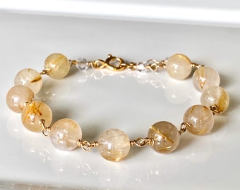 Golden Rutilated Quartz Bracelet - Gold Filled and Gemstone Link Bracelet - Everyday Bracelet - Healing Crystal Bracelet