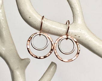 Hammered Mix Metal Tiny Rose Gold Filled and Sterling Hoops - Everyday Earrings - Bridesmaid Earrings
