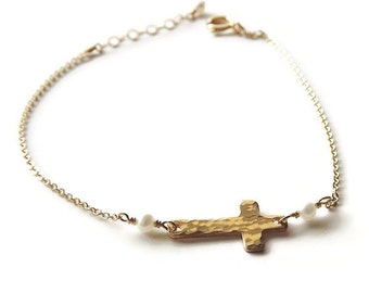 Gold or Silver Pearl Cross Bracelet - Religious Bracelet - Communion Bracelet - Sideways Cross Bracelet