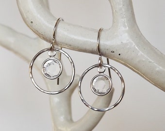 Hammered Swarovski Crystal Sterling Drop Hoops - Silver Earrings - Crystal Earrings - Bridal Earrings - Everyday Earrings