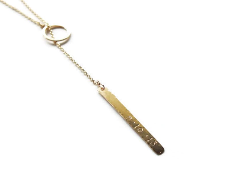 Personalized Gold Filled Hammered Bar Lariat Everyday Necklace Gold Filled Bar Long Necklace Gold Necklace image 1