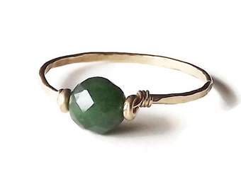 Faceted Green Jade Hammered Gold Filled Ring - Gemstone Ring - Gold Ring - Stacking Rings