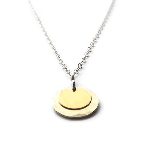 Sterling and Gold Filled Hammered Disc Necklace - Two Toned Disc Necklace - Layering Necklace - Hammered Necklace - Layered Disc Jewelry