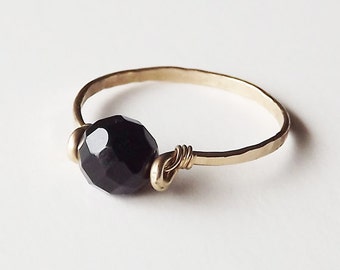 Faceted Onyx Hammered Gold Filled Ring - Gold Ring - Gemstone Ring - Stacking Rings