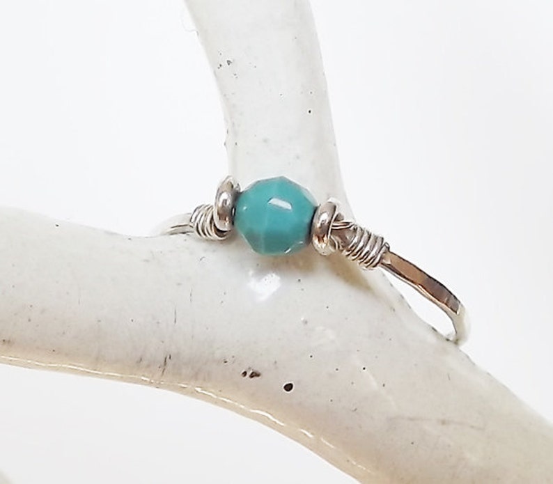 Hammered Sterling Ring With Tiny Turquoise Bead Sterling Band Stacking Rings BIRTHSTONE Ring image 4