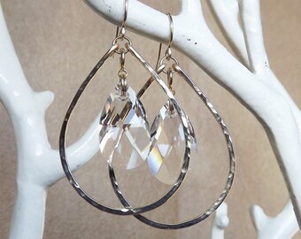 Medium Hammered Tear Gold Filled Convertible Hoops with Swarovski Crystal Charms