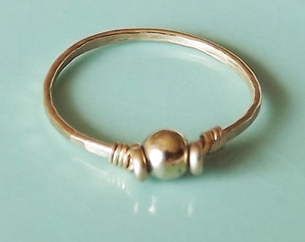 Hammered Gold Filled Ring With Tiny Gold Bead - Gold Band - Stacking Rings - Gold Ring