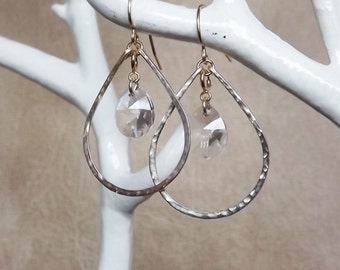 Gold Hoops -  Gold Filled Teardrop Convertible Hoops with Swarovski Crystal Charms - Hammered Hoops