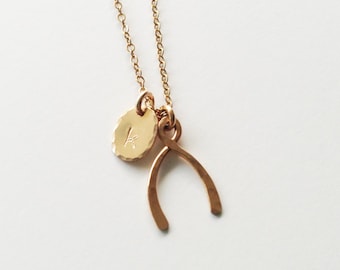 Wishbone and Personalized Disc Necklace - Lucky Necklace - Good Luck Necklace - Gold and Silver  Wishbone