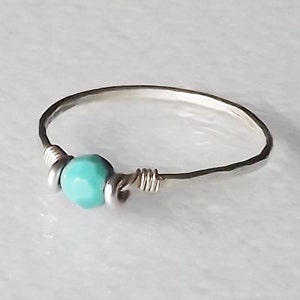 Hammered Sterling Ring With Tiny Turquoise Bead Sterling Band Stacking Rings BIRTHSTONE Ring image 1