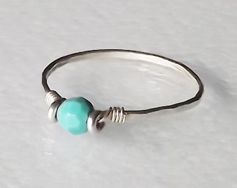 Hammered Sterling Ring With Tiny Turquoise Bead - Sterling Band - Stacking Rings - BIRTHSTONE Ring