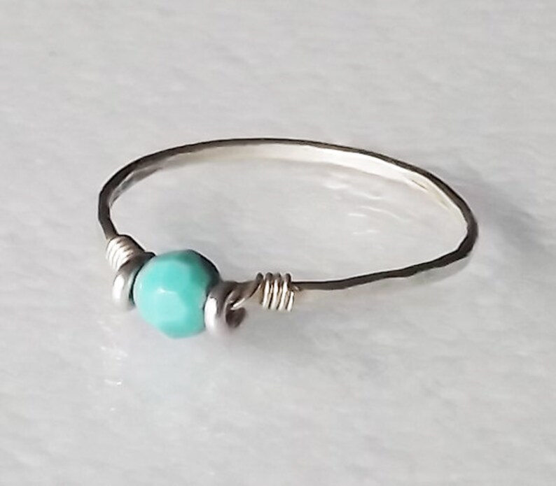 Hammered Sterling Ring With Tiny Turquoise Bead Sterling Band Stacking Rings BIRTHSTONE Ring image 1