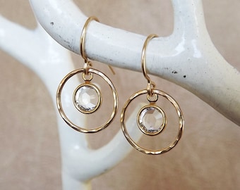 Gold Hoops - Hammered Swarovski Crystal Gold Filled Hoops - Gold Earrings - Crystal Earrings - Bridal Earrings