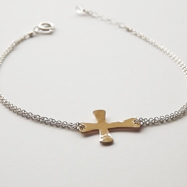 Dainty Hammered Mixed Metal Sterling and Gold Filled Cross Bracelet - Two Toned Religious Bracelet - Sideways Cross