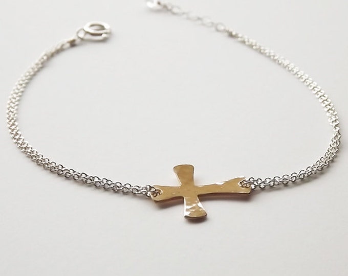 Dainty Hammered Mixed Metal Sterling and Gold Filled Cross Bracelet Two ...