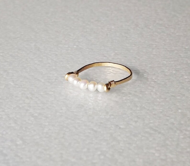 Pearl Ring June Birthstone Ring Hammered Gold Filled Freshwater Pearl Ring Stacking Rings image 2