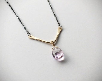 Gold Filled Hammered V and Gemstone Necklace - Everyday Necklace - Gold Filled or Sterling Chevron Necklace - Gemstone Necklace