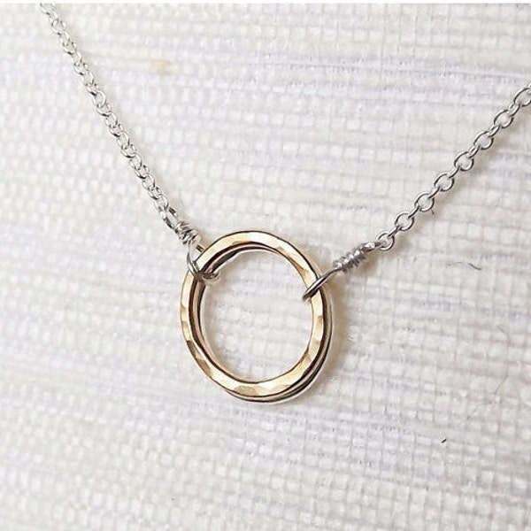 2 Sided Hammered Circle Sterling and Gold Filled Necklace - Eternity Necklace - Everyday Necklace - Mix Metal Necklace