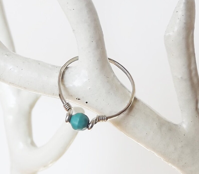 Hammered Sterling Ring With Tiny Turquoise Bead Sterling Band Stacking Rings BIRTHSTONE Ring image 2