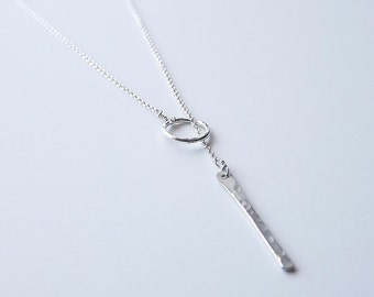 Sterling Hammered Bar Lariat - Everyday Necklace - Sterling Bar Necklace - Silver Necklace