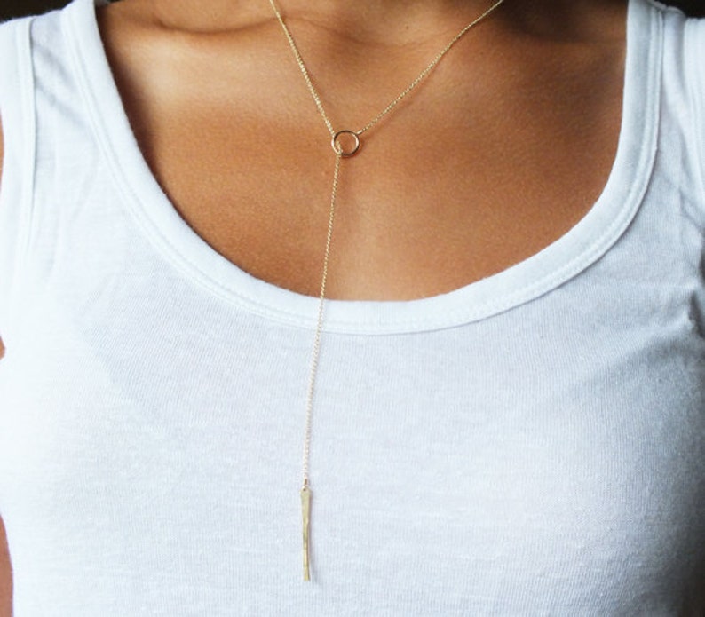 Personalized Gold Filled Hammered Bar Lariat Everyday Necklace Gold Filled Bar Long Necklace Gold Necklace image 3