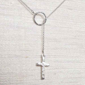 Sterling Hammered Cross Lariat - Silver Necklace - Everyday Necklace - Cross Necklace - Religious Jewelry