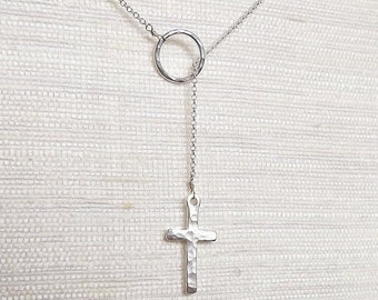 Sterling Hammered Cross Lariat - Silver Necklace - Everyday Necklace - Cross Necklace - Religious Jewelry