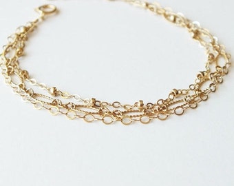 Layering Bracelet - Gold Filled and Sterling Chain Bracelet - Triple Strand Bracelet - Everyday Bracelet - Mixed Metal Bracelet