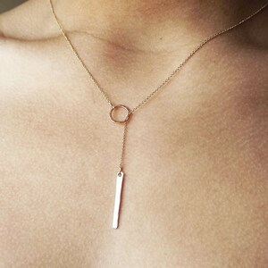 Personalized Gold Filled Hammered Bar Lariat Everyday Necklace Gold Filled Bar Long Necklace Gold Necklace image 2