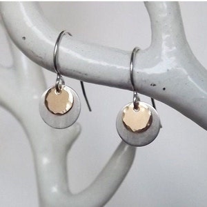 Silver Drop Earrings - Two Toned Earrings - Tiny Mix Metal Sterling and Gold Filled Disc Earrings - Everyday Earrings